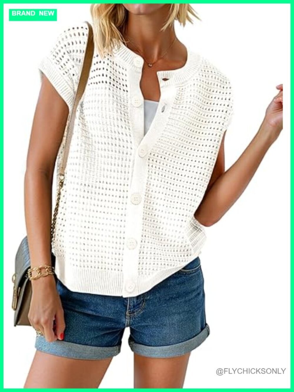 Crochet Button Down Sweater Vest Cap Sleeve Crew Neck Summer Knit Top